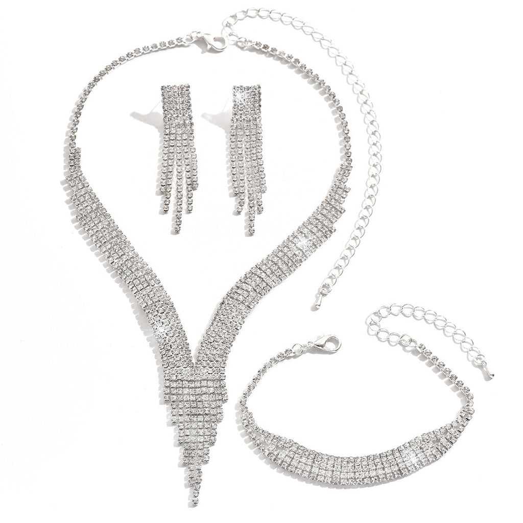 TiktokCross-border Water Drops Tassel Necklace Earrings Bracelet Three-piece Set Light Luxury Elegant Clavicle Chain Necklace For Women
