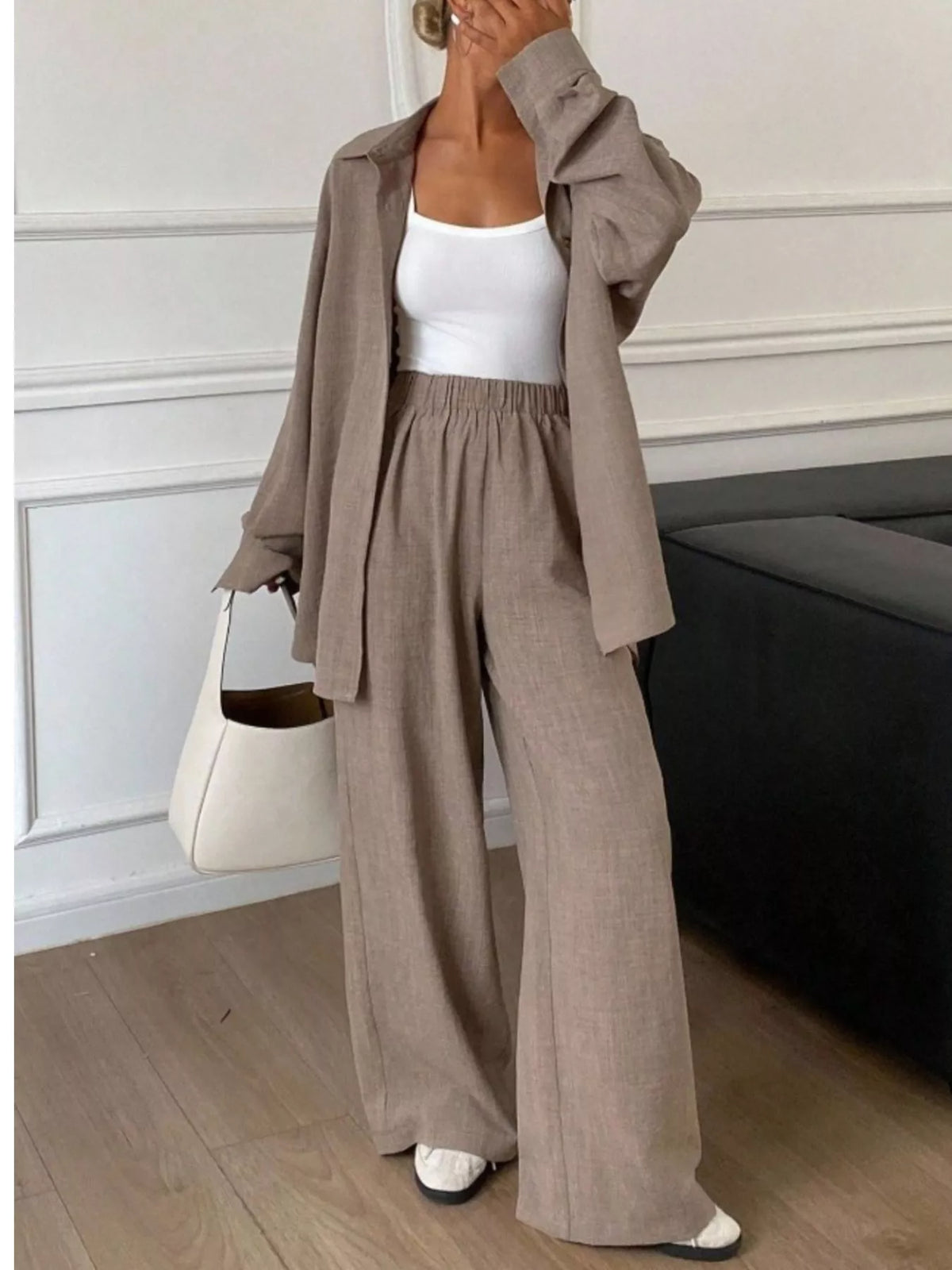 Button Up Long Sleeve Shirt and Wide Leg Pants Set