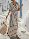 Full Size Striped Short Sleeve Wrap Maxi Dress Plus Size – Tan / White
