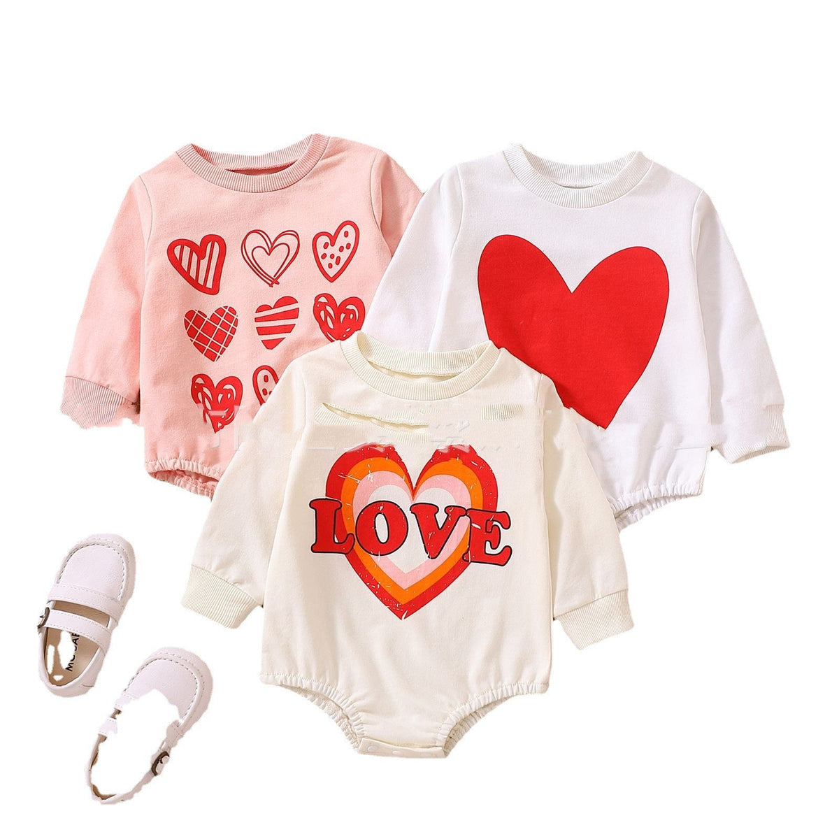 Female Unisex Baby's Valentine's Day Three Series Of Love Long-sleeved Triangle Rompers