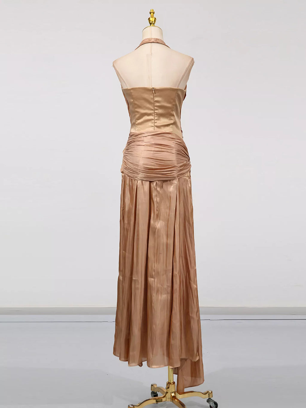 Halter Neck Ruched Maxi Dress – Champagne