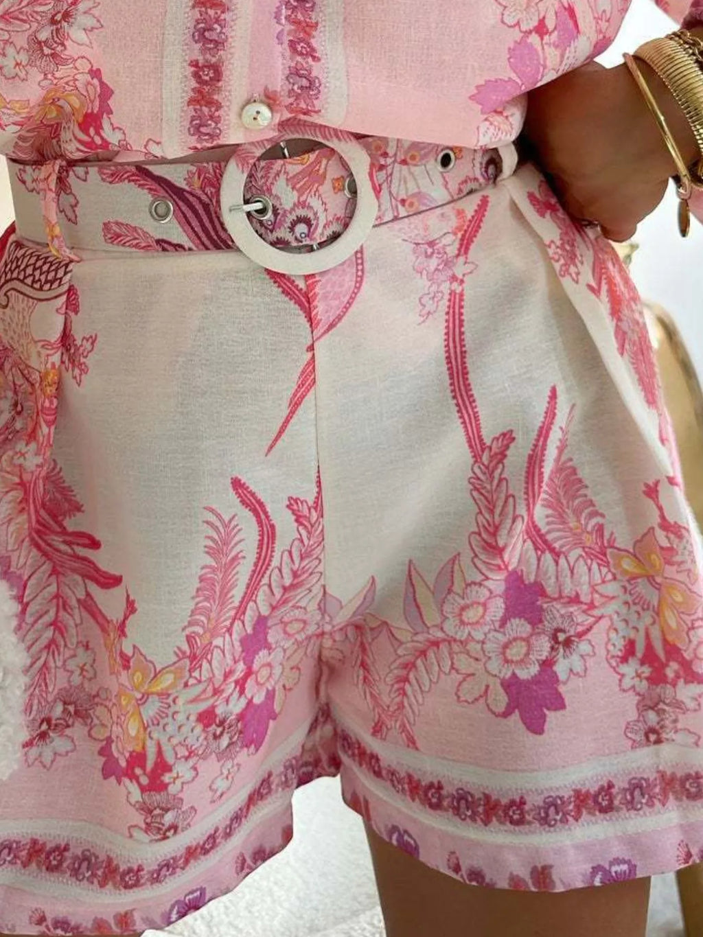 Floral Print Button-Down Shirt and Belted Shorts Two-Piece Set