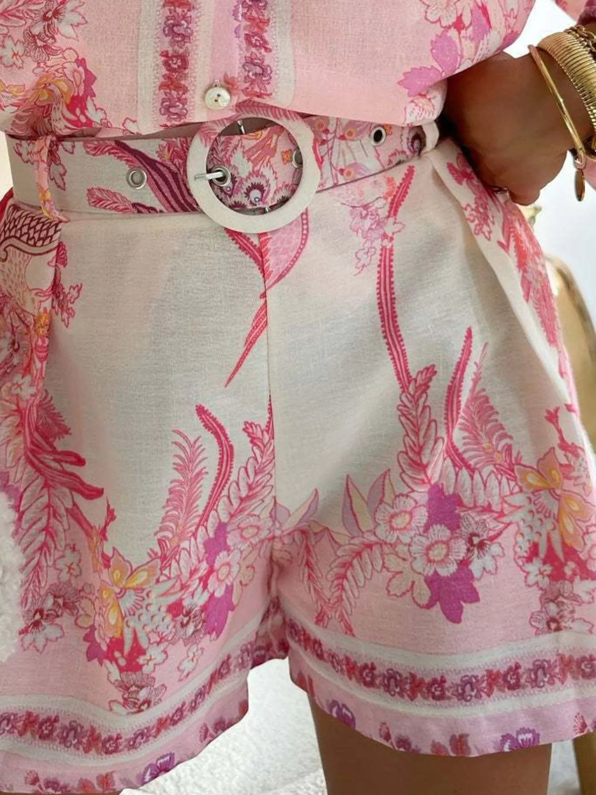 Floral Print Button-Down Shirt and Belted Shorts Two-Piece Set