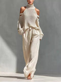 Cold Shoulder Turtleneck Top and Wide-Leg Pants Set