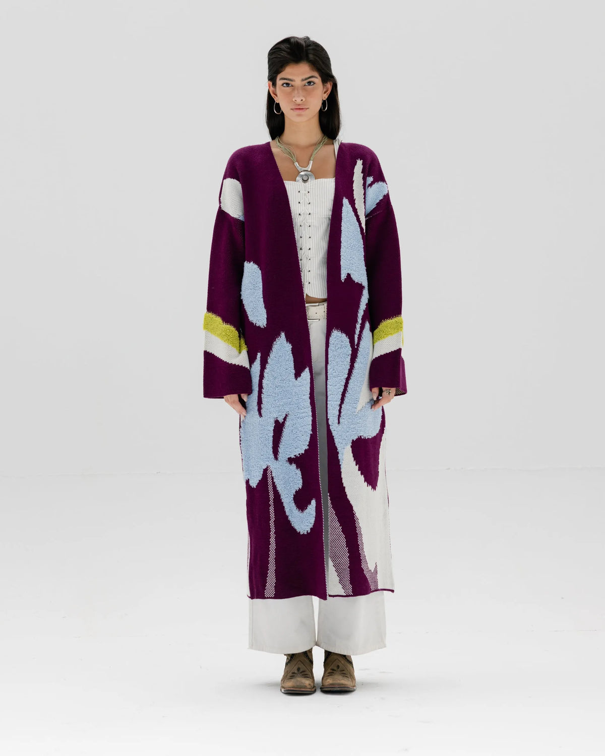 Floral Open Front Long Cardigan | Relaxed Knit Kimono Layer