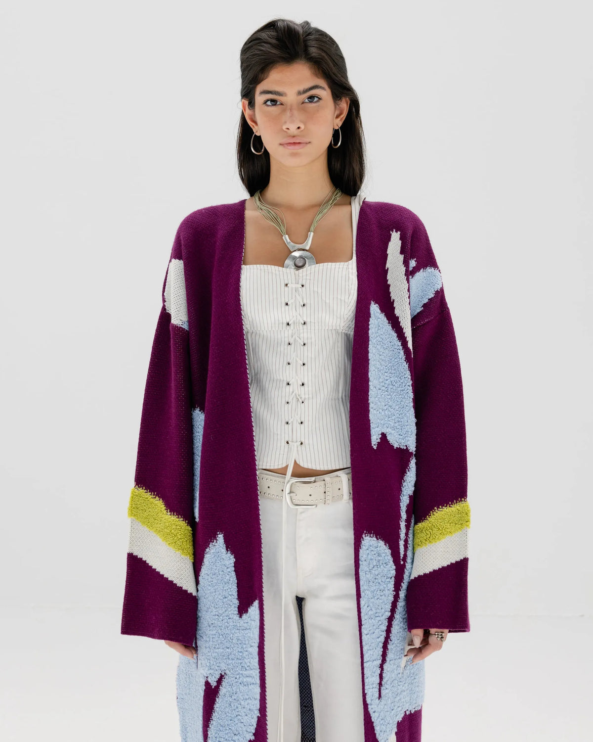 Floral Open Front Long Cardigan | Relaxed Knit Kimono Layer