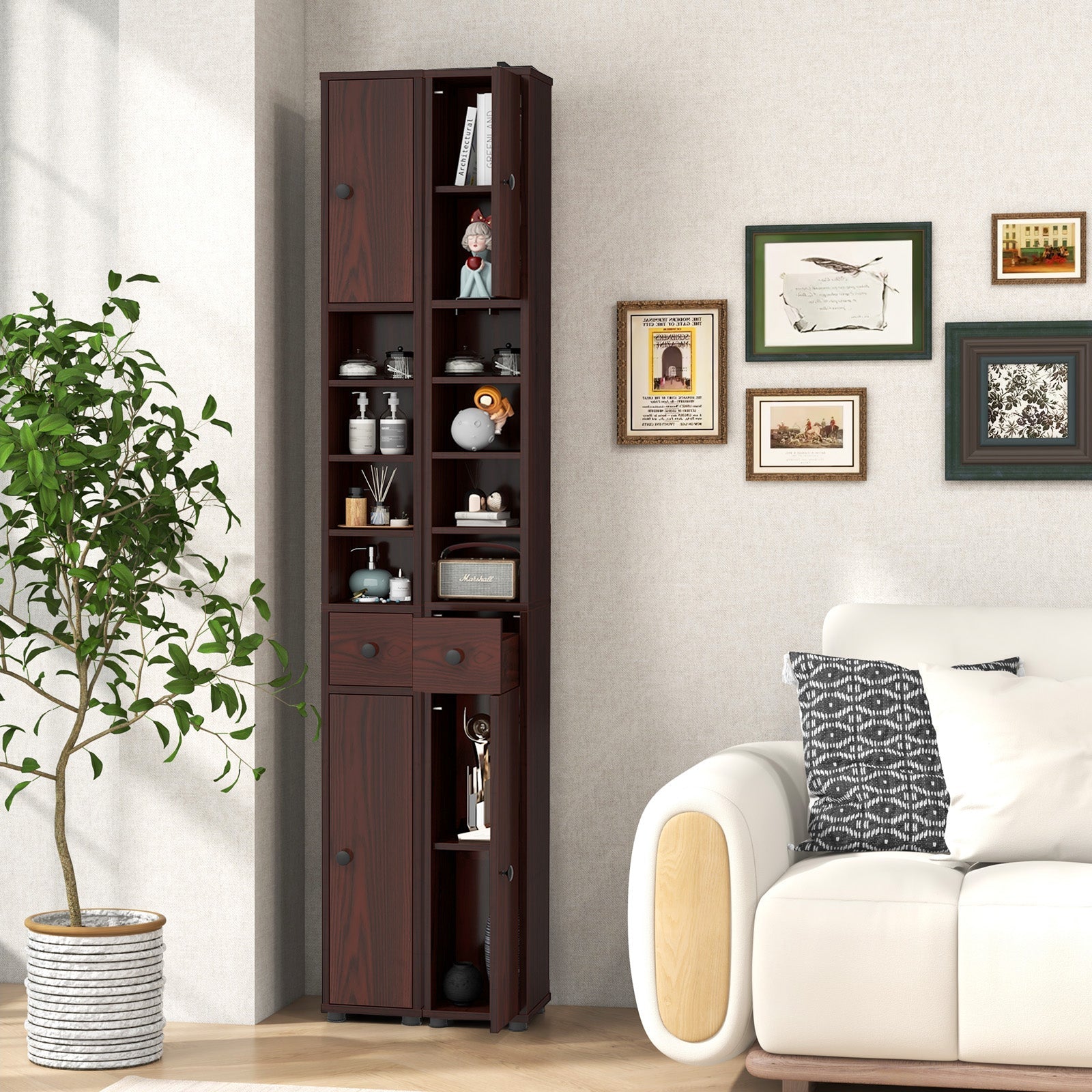Freestanding Slim Bathroom Cabinet with Drawer and Adjustable Shelves