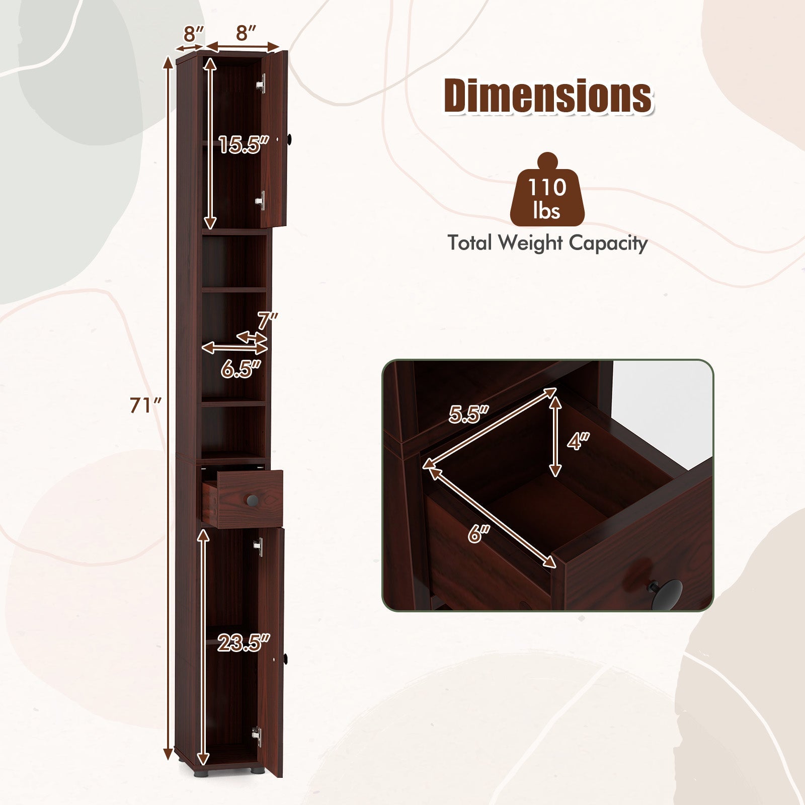 Freestanding Slim Bathroom Cabinet with Drawer and Adjustable Shelves