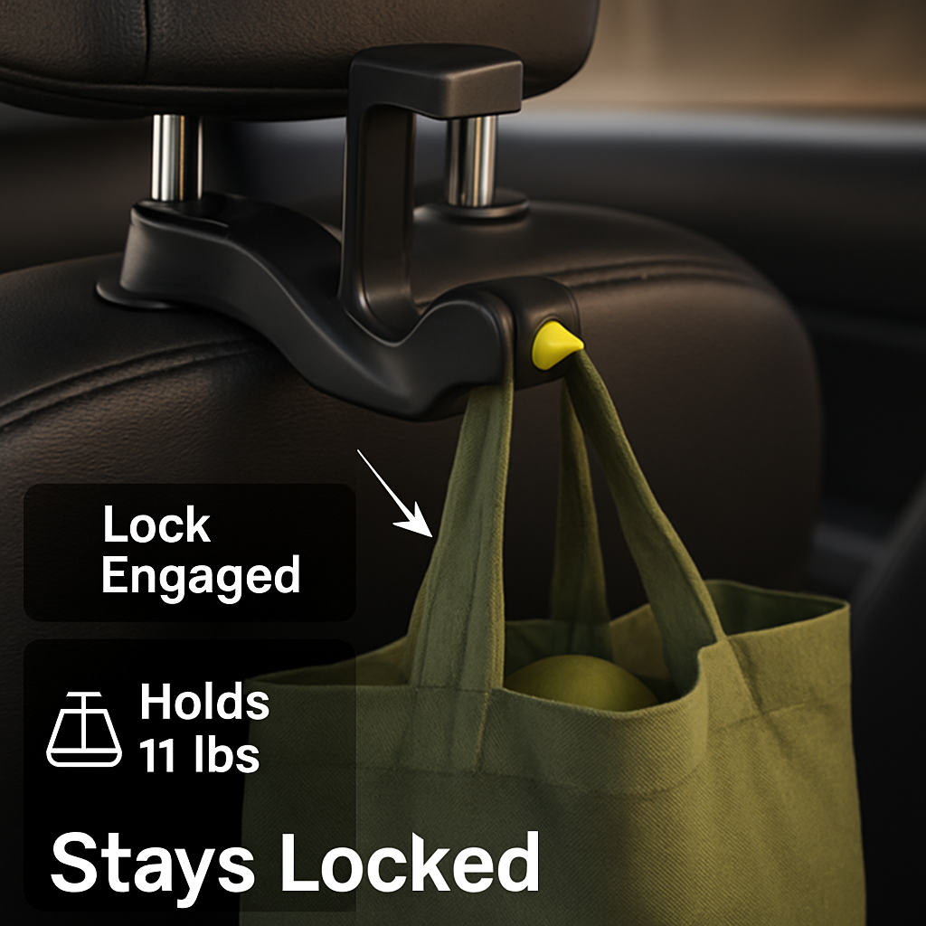 Headrest Hook with Phone Mount and Locking Bracket