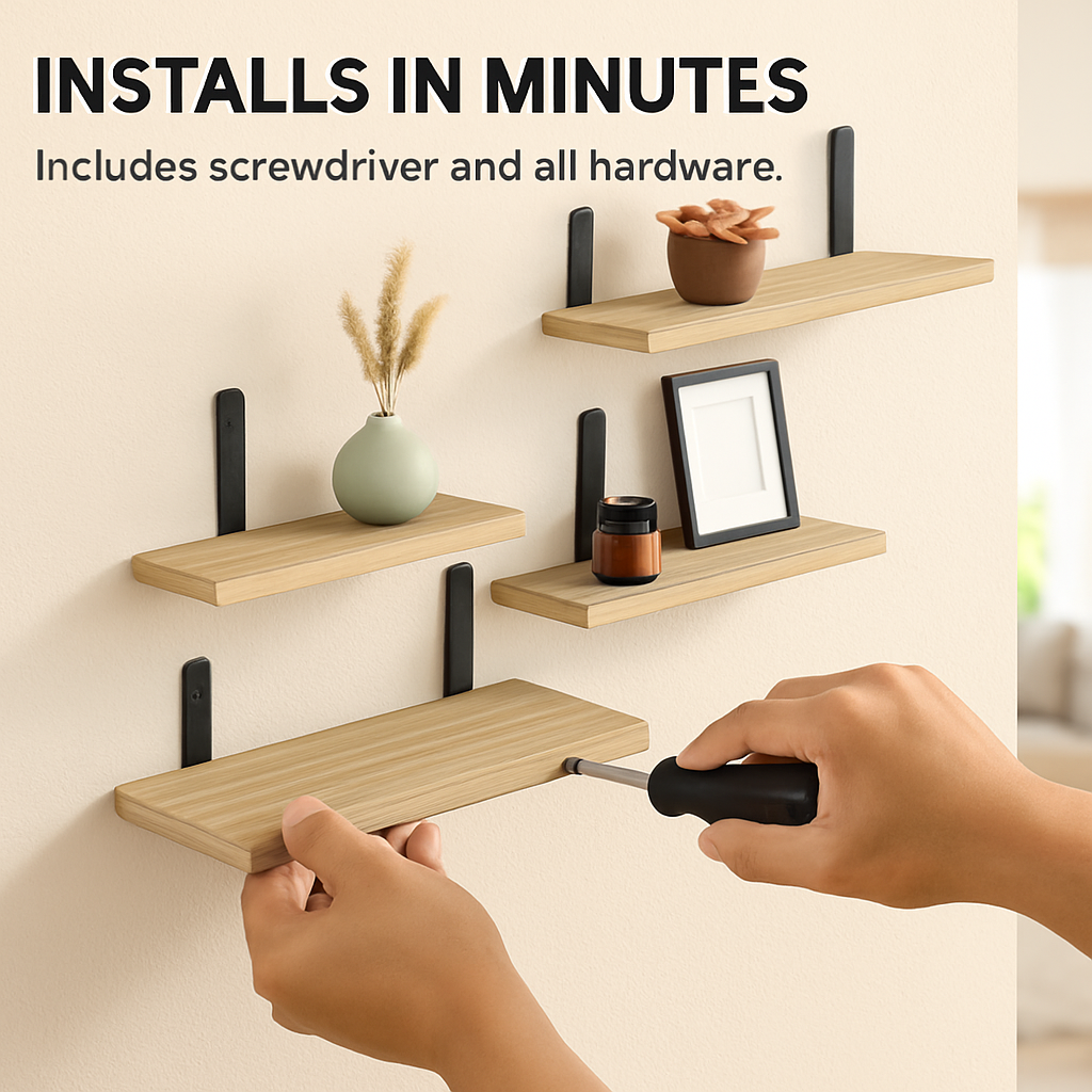 Floating Wall Shelves with Brackets - 6 Sets for Living Room