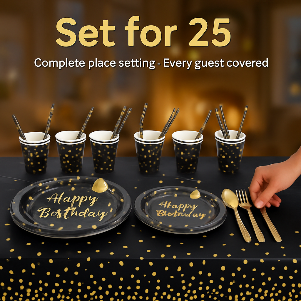 Black & Gold Birthday Dinnerware Set for 25 Guests
