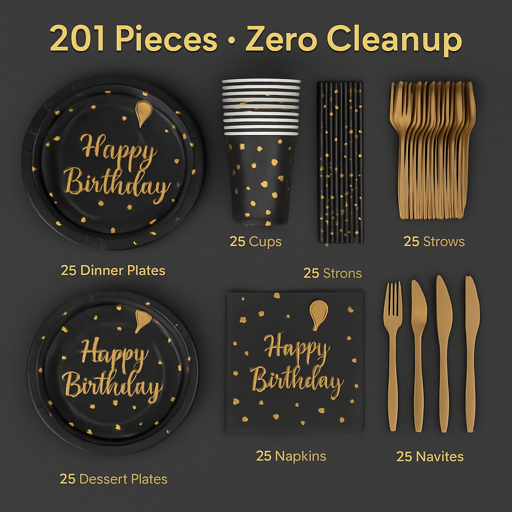 Black & Gold Birthday Dinnerware Set for 25 Guests