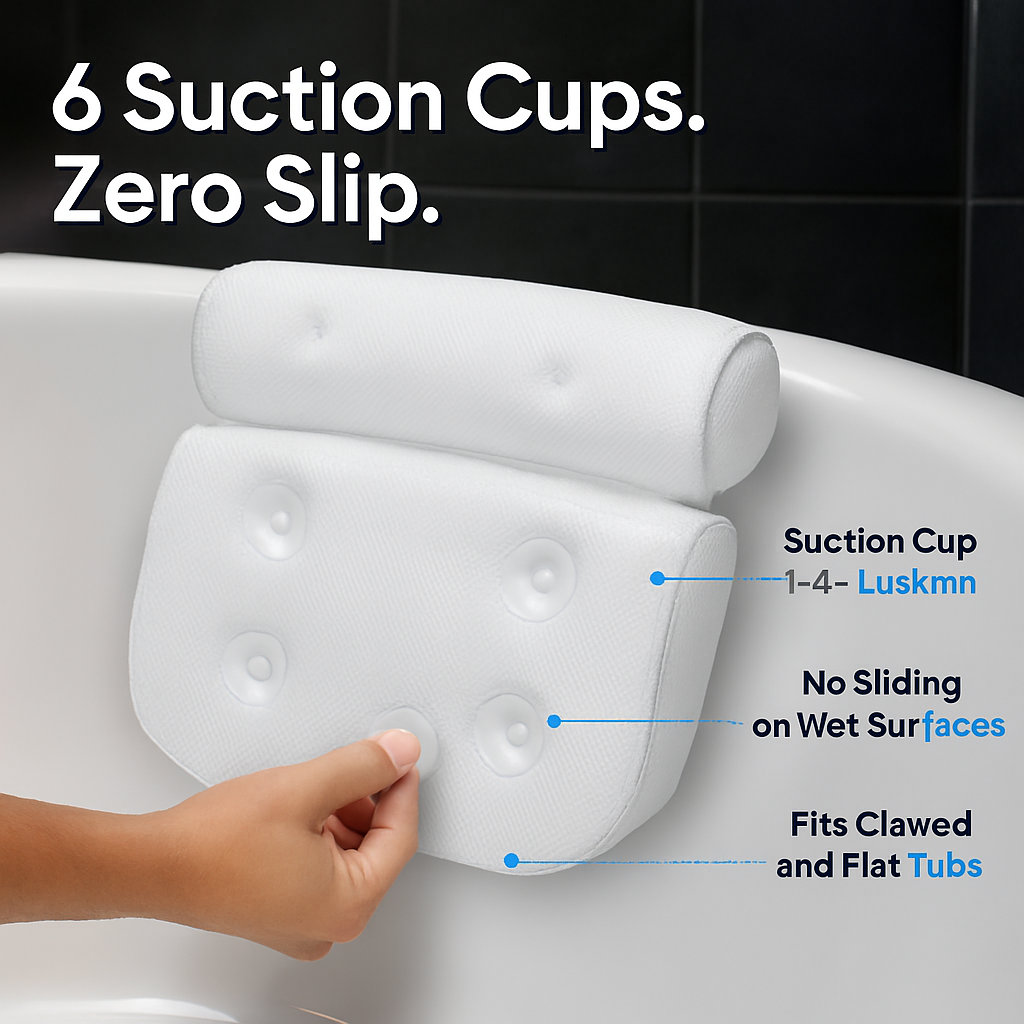 Bathtub Pillow with 6 Suction Cups for Spa Bath Comfort