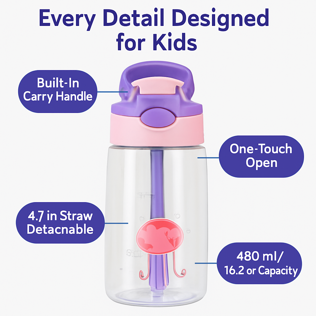Leak-Proof Kids Water Bottle with Straw and Push Button