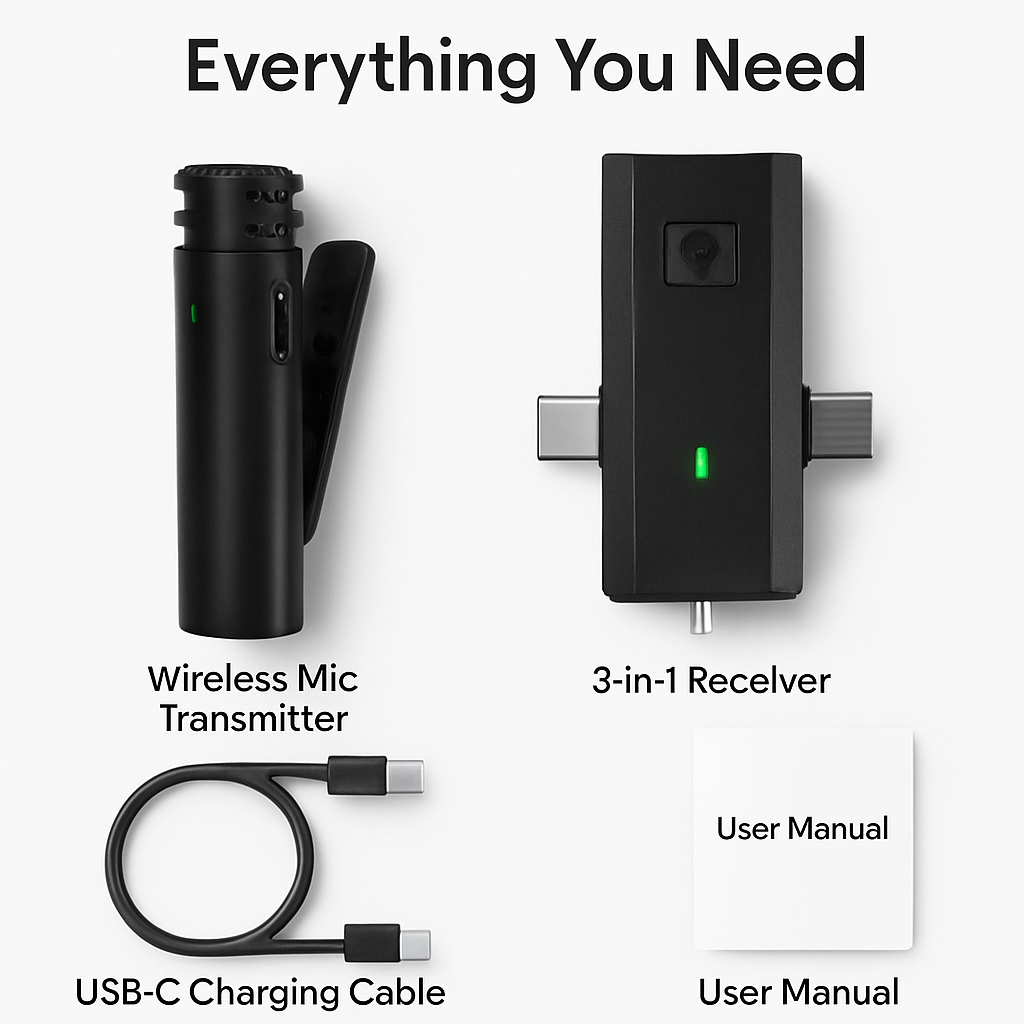 Wireless Clip-On Microphone with 3-in-1 Receiver – 2 Pack
