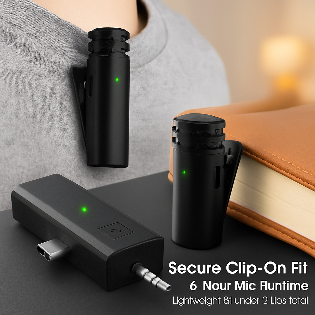 Wireless Clip-On Microphone with 3-in-1 Receiver – 2 Pack