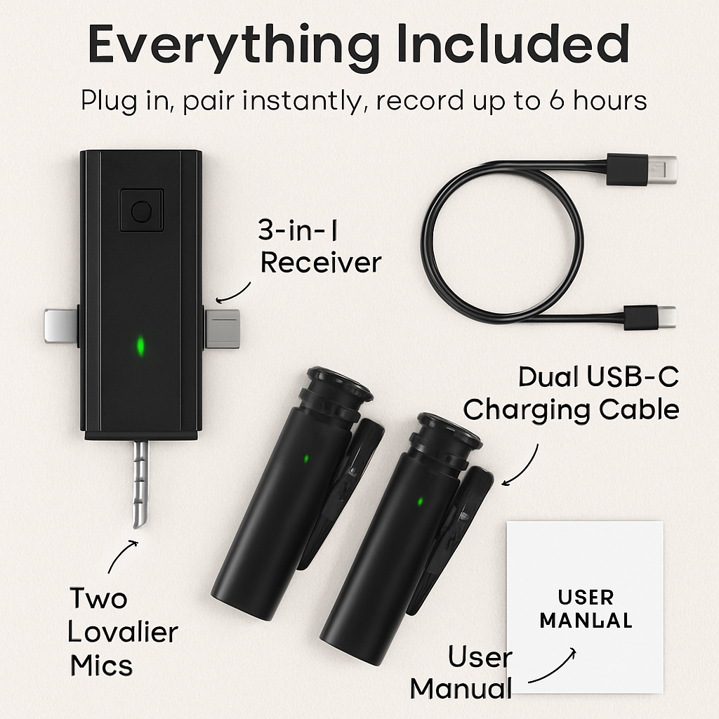 Wireless Clip-On Microphone with 3-in-1 Receiver – 2 Pack