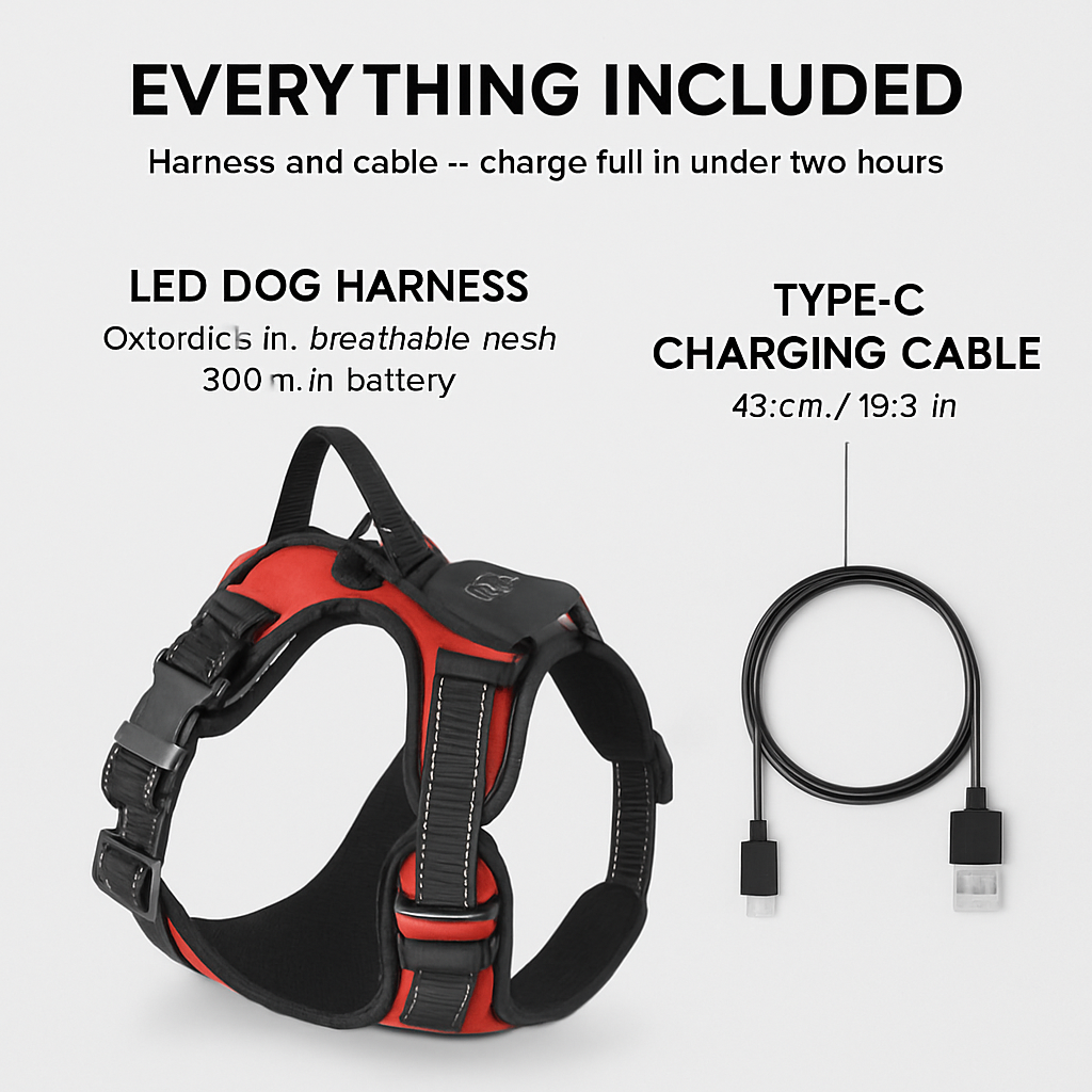 Light Up Dog Harness with Rechargeable LED Lights and Handle