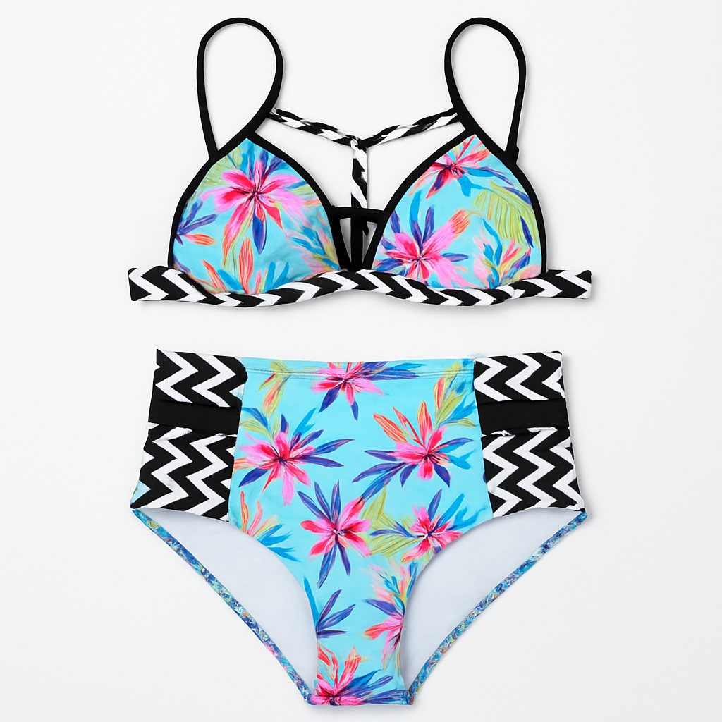Floral Padded Push-Up Bikini Set with High-Waist