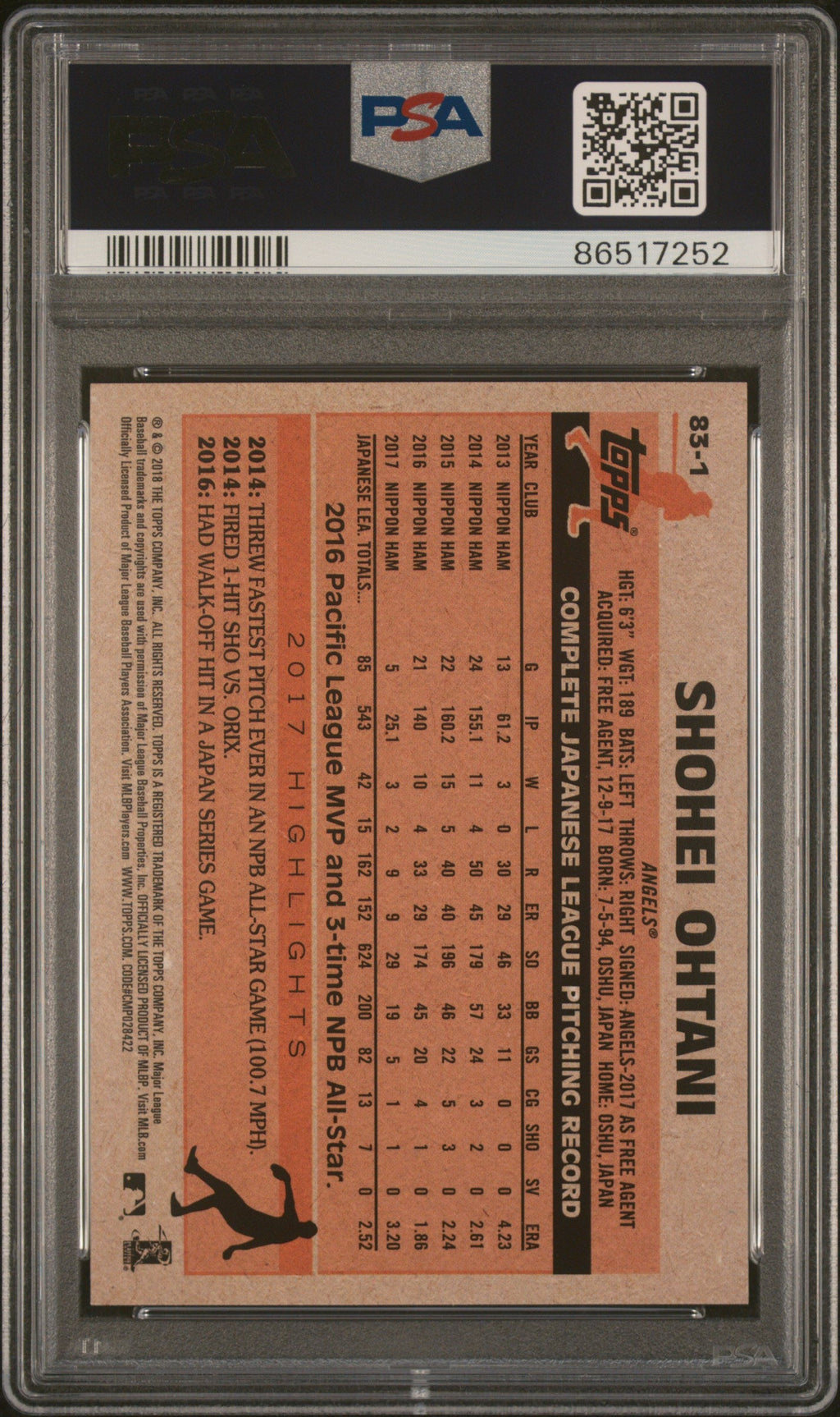 Graded 2018 Topps Shohei Ohtani #83-1 1983 Rookie RC Baseball Card PSA 10 Gem Mint