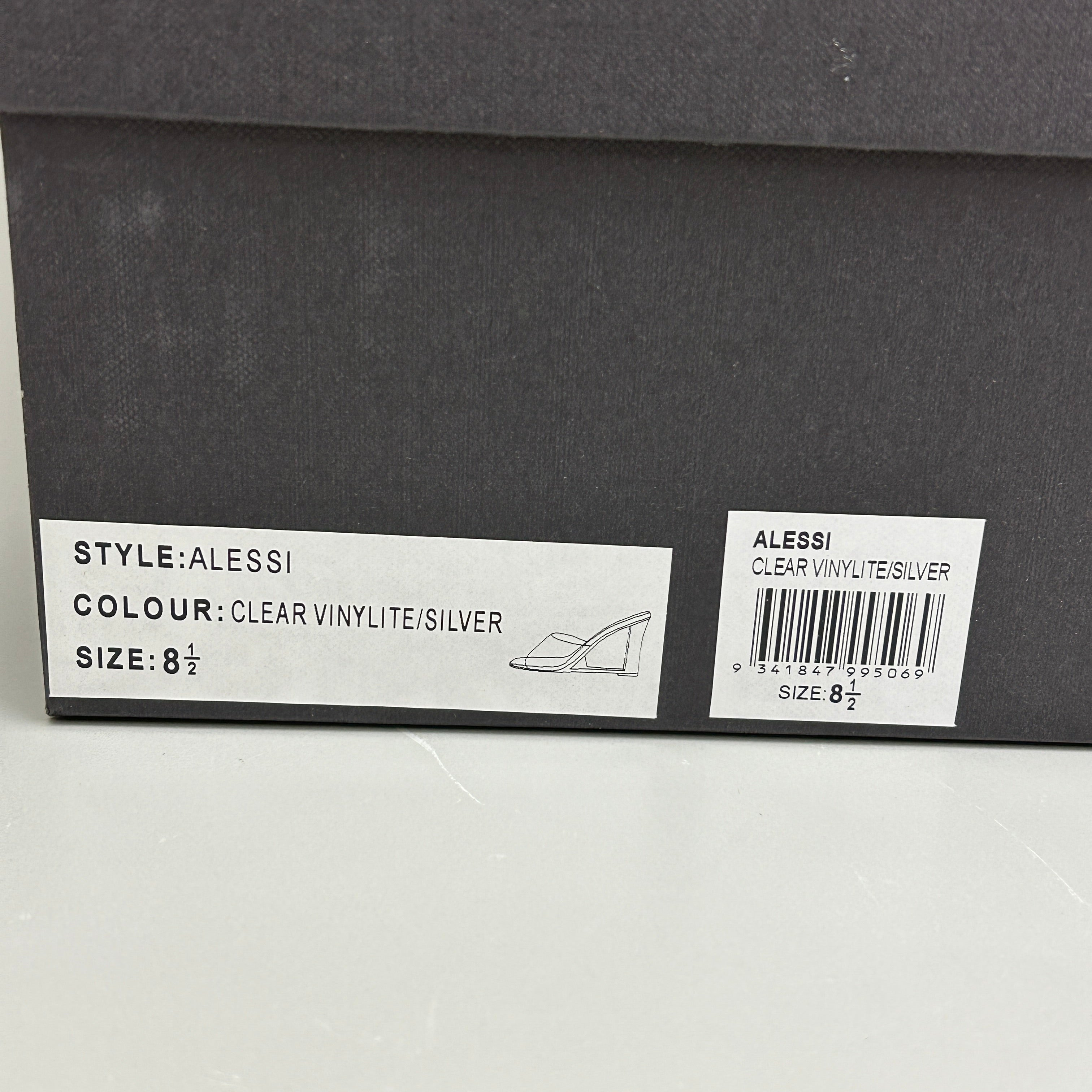 TONY BIANCO Alessi Clear Vinylite/Silver Wedges Women's Heels Sz 8.5 (New)