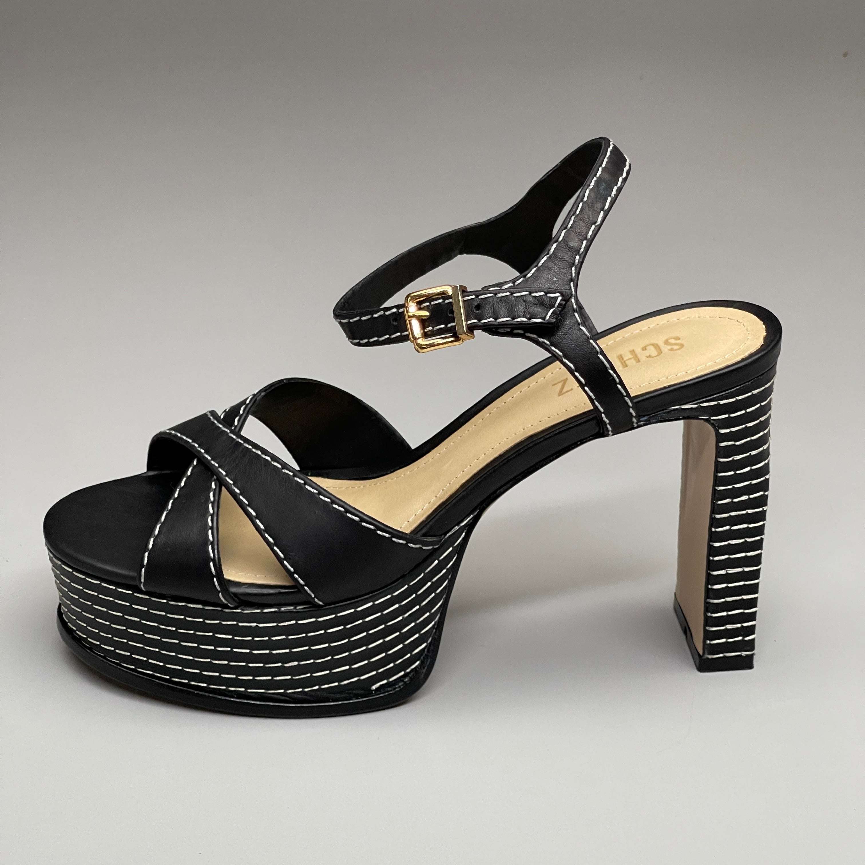 SCHUTZ Keefa Casual Women's Leather Sandal Black Platform 4" Heel Shoes Sz 6.5B (New)