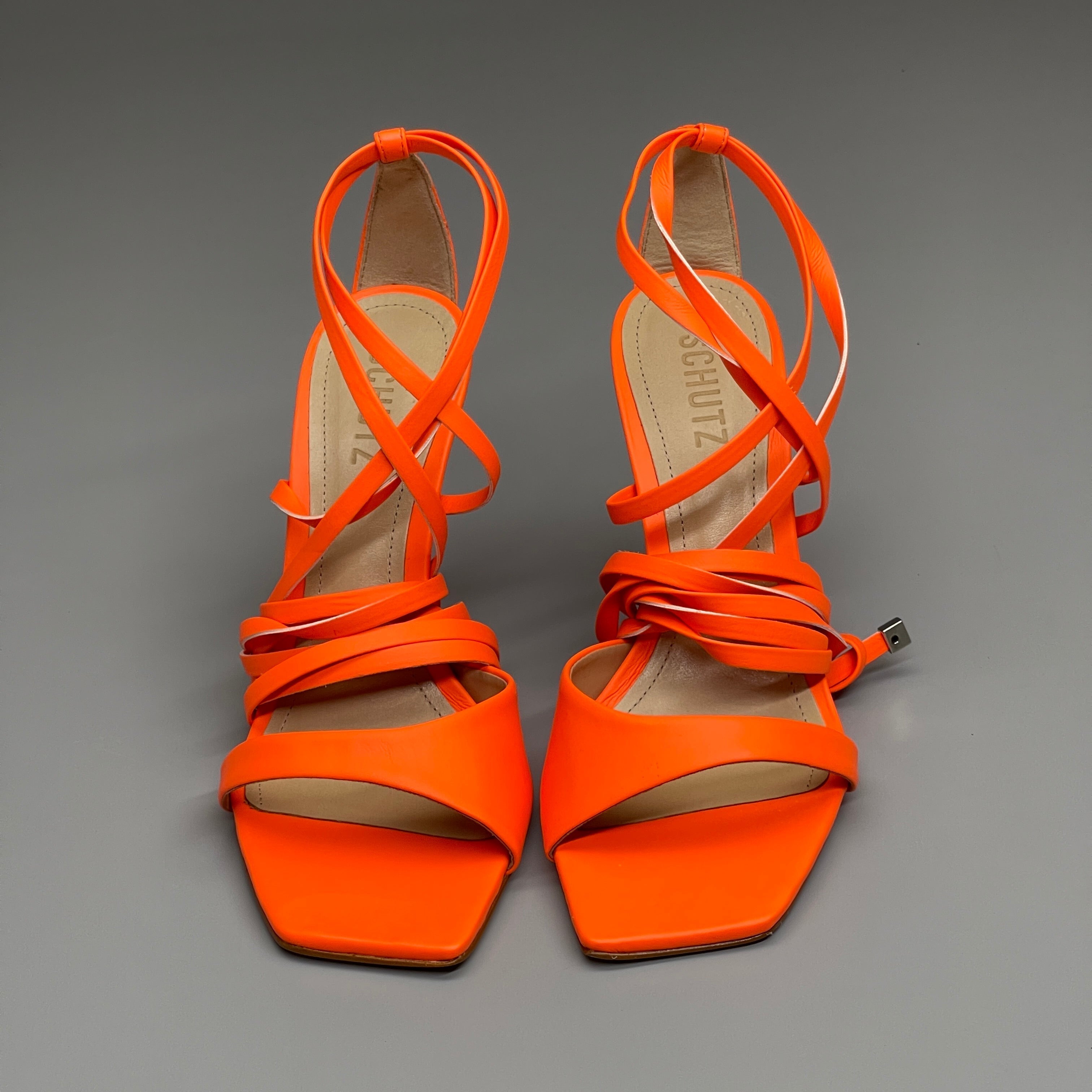 SCHUTZ Bryce Ankle Tie Women's High Heel Leather Strappy Sandal Acid Orange Sz 9 (New)