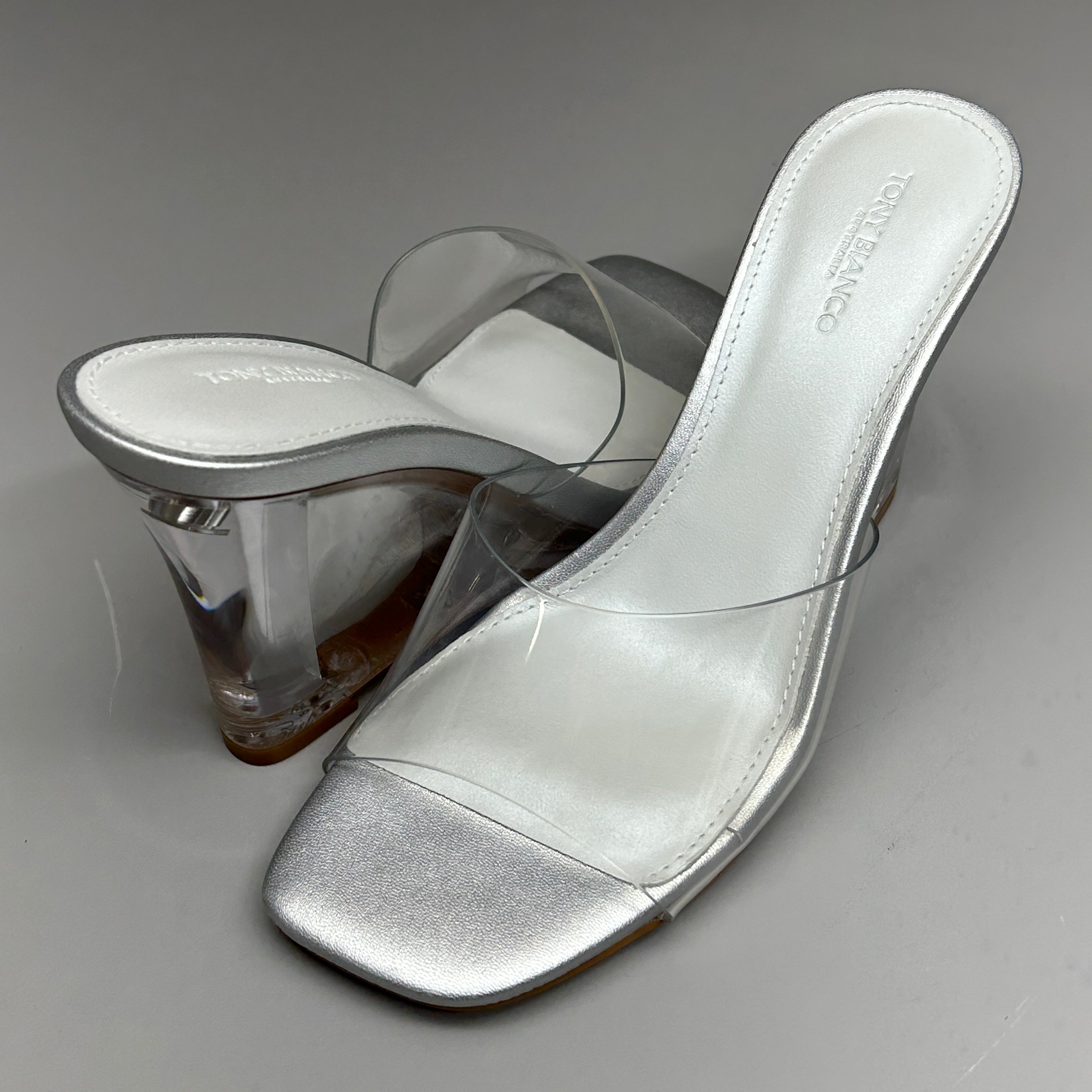 TONY BIANCO Alessi Clear Vinylite/Silver Wedges Women's Heels Sz 8.5 (New)