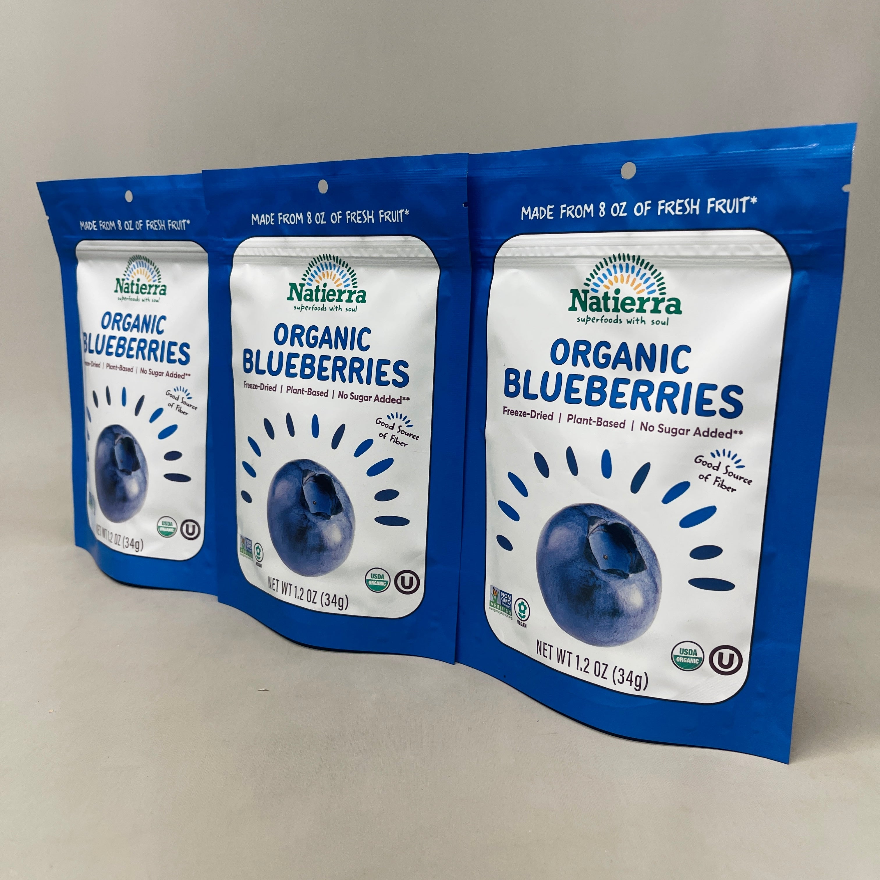 NATIERRA Nature & Earth Freeze-Dried Organic Blueberries 1.2oz -3 packs (New)