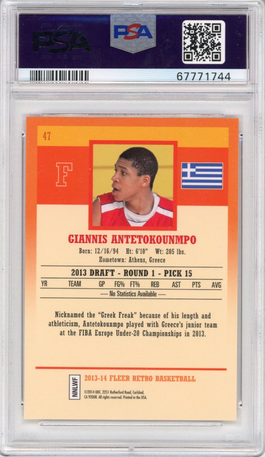 Graded 2013-14 Fleer Retro Giannis Antetokounmpo #47 Rookie RC Basketball Card PSA 10 Gem Mint