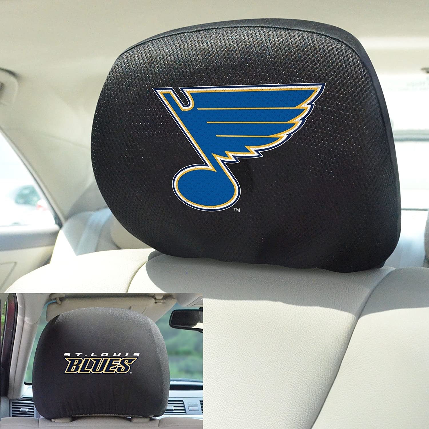 St Louis Blues Premium Auto Head Rest Covers, Black, Embroidered, 14x10 inch, Elastic, 2-Piece