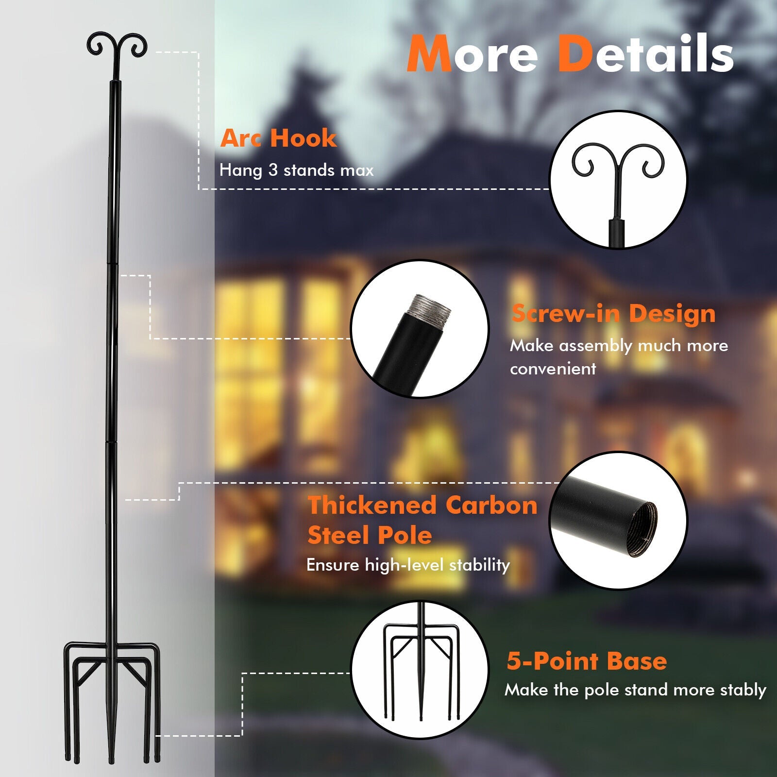 String Light Poles 2 Pack Outdoor Metal Poles with Top Arc Hook and 5-Prong Base