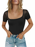 CRIPOM Black Mesh Sheer Sleeve Bodysuit Women Size M