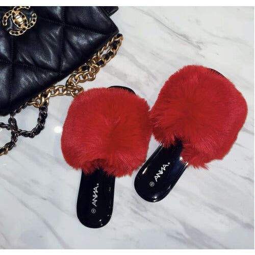 ANNA RENEE FUR JELLY SLIDES -RED or Pink
