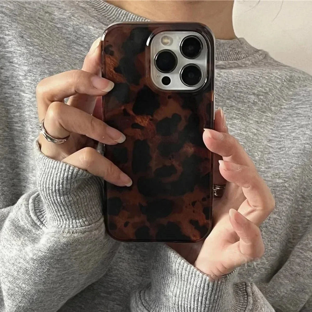 Retro Amber Laser Texture Phone Case | Leopard Print Shockproof Soft Back Cover for iPhone