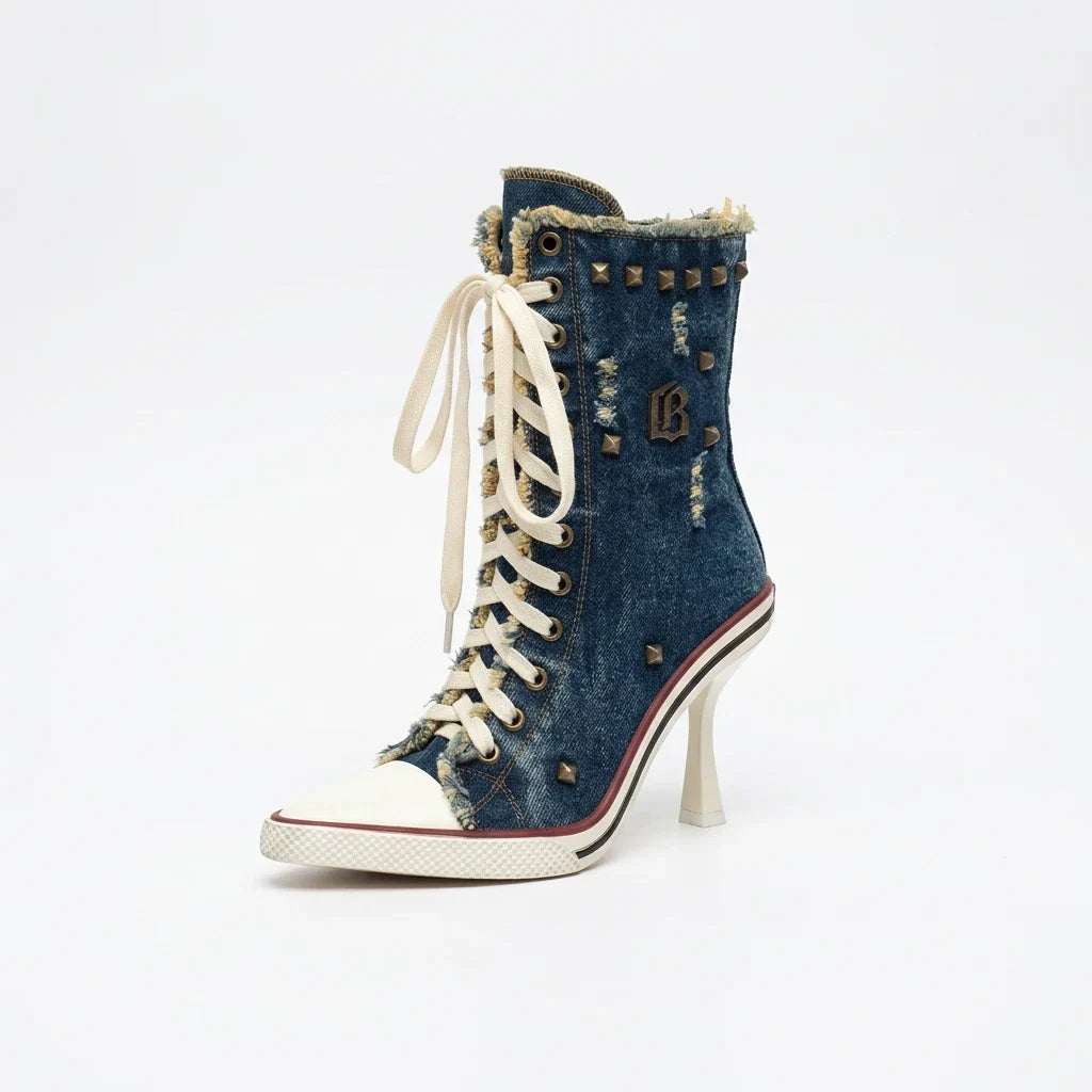 SITRA Women's Casual Retro Denim High-Heeled Boots