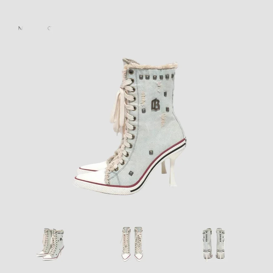 SITRA Women's Casual Retro Denim High-Heeled Boots