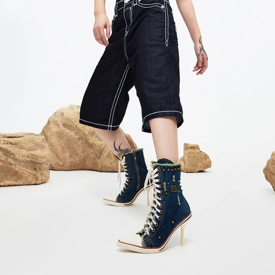 SITRA Women's Casual Retro Denim High-Heeled Boots