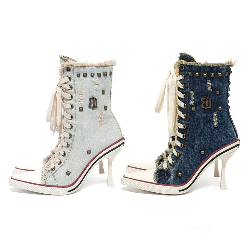 SITRA Women's Casual Retro Denim High-Heeled Boots