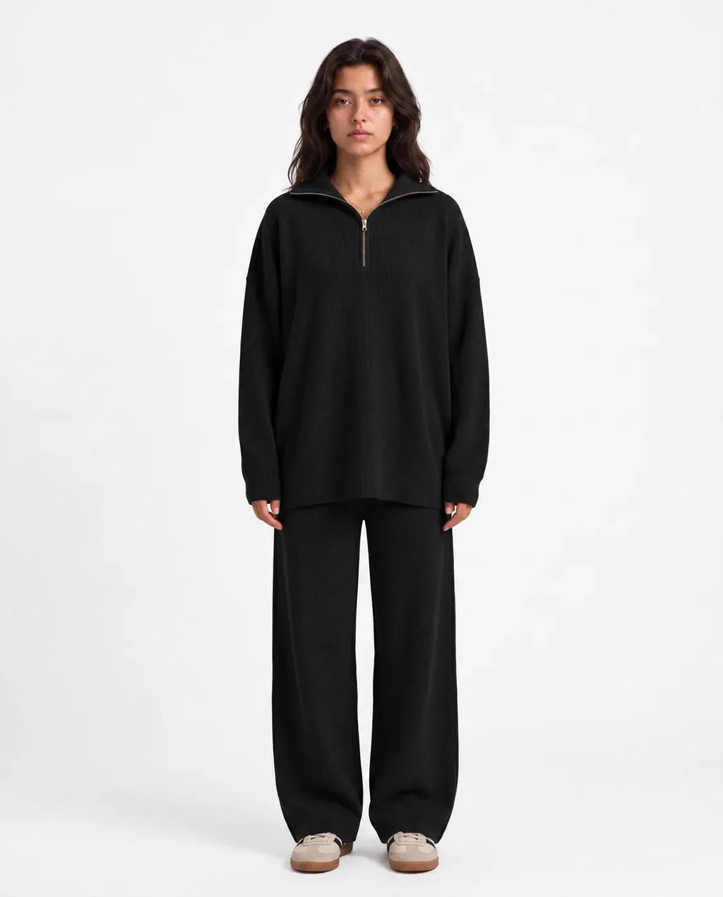 SITRA Women's Casual Retro Ribbed Half-Zip Set