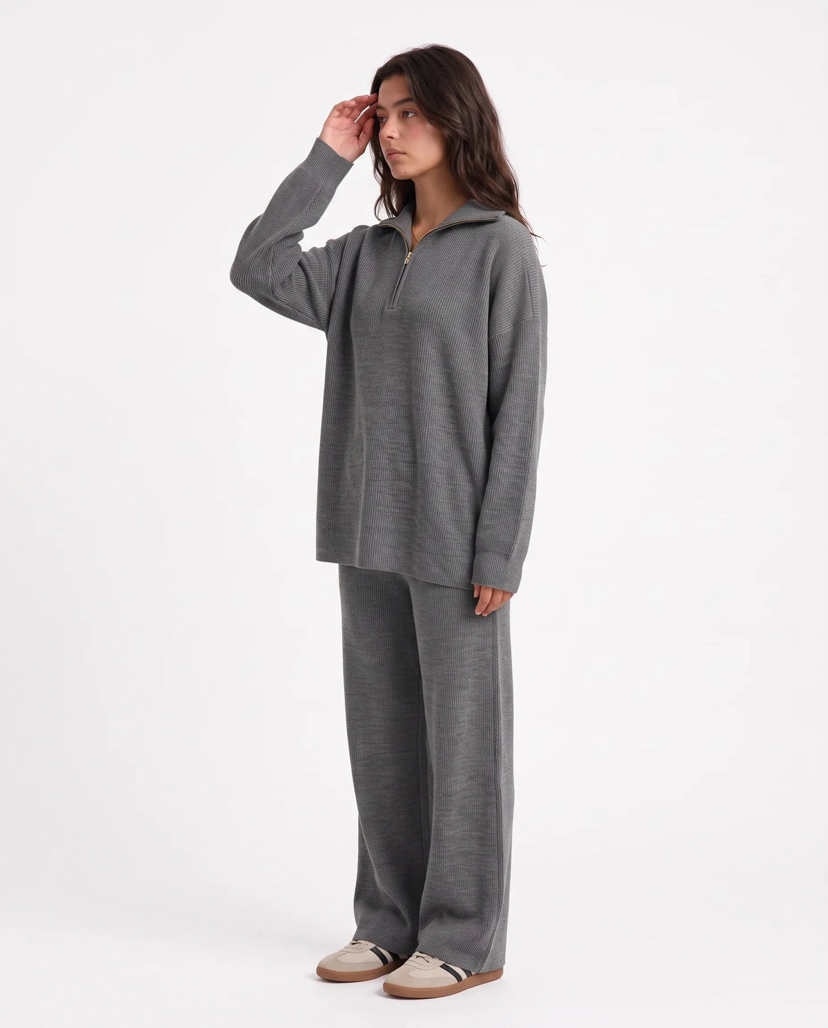 SITRA Women's Casual Retro Ribbed Half-Zip Set
