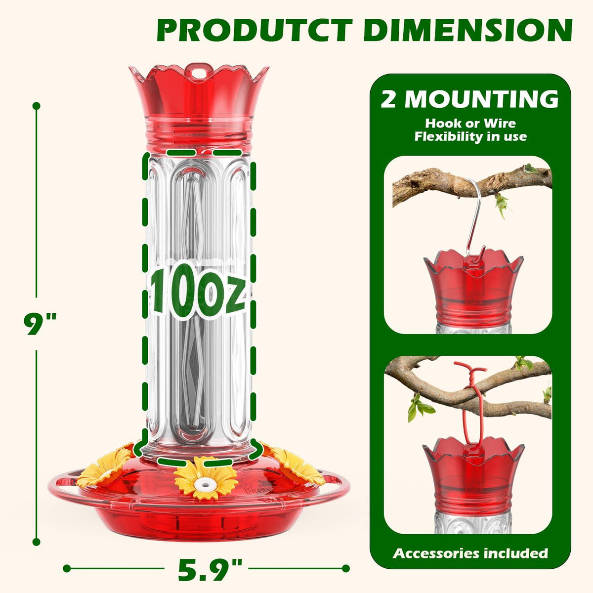 Birdream Red 10-Ounce Crown Hummingbird Feeder