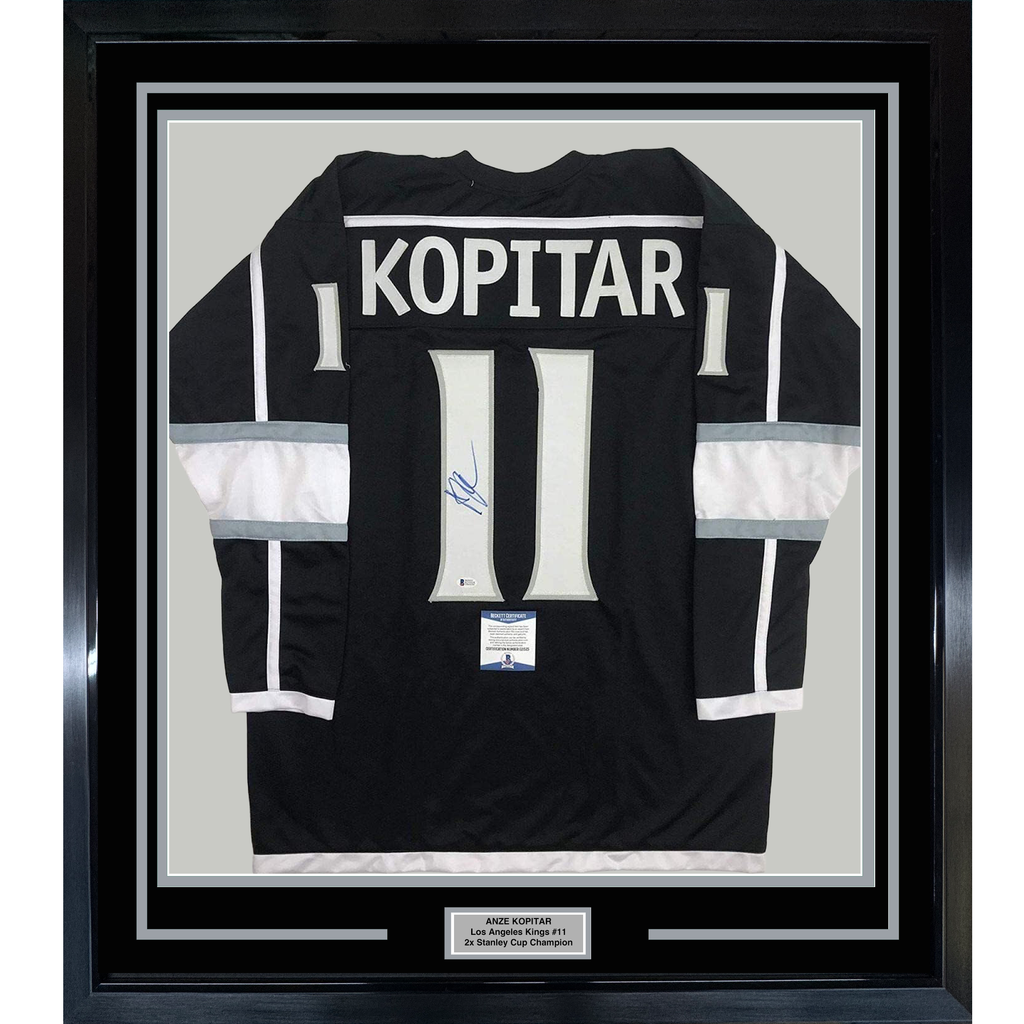 Framed Autographed/Signed Anze Kopitar 35x39 Los Angeles LA Black Hockey Jersey JSA COA