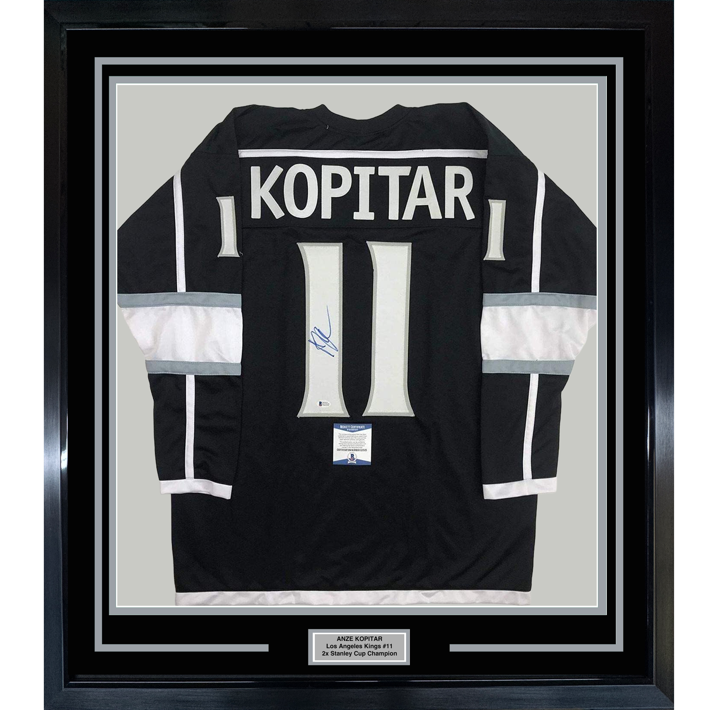 Framed Autographed/Signed Anze Kopitar 35x39 Los Angeles LA Black Hockey Jersey JSA COA