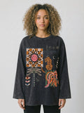 Washed Gray Boho Abstract Long Sleeve T-Shirt | Oversized Cotton Tee