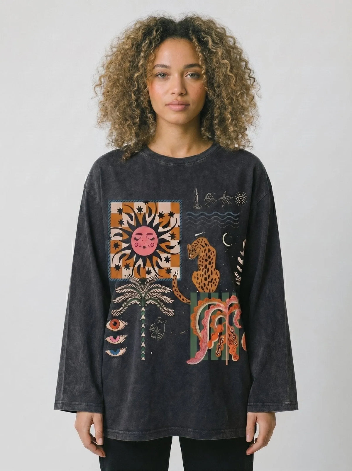 Washed Gray Boho Abstract Long Sleeve T-Shirt | Oversized Cotton Tee