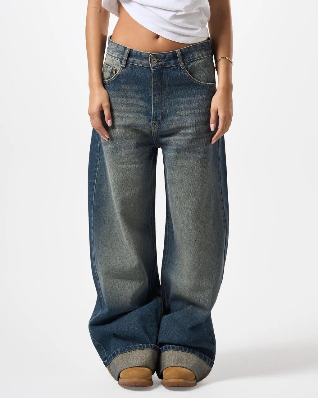 Women's Baggy Folded Mid-Waist Jeans