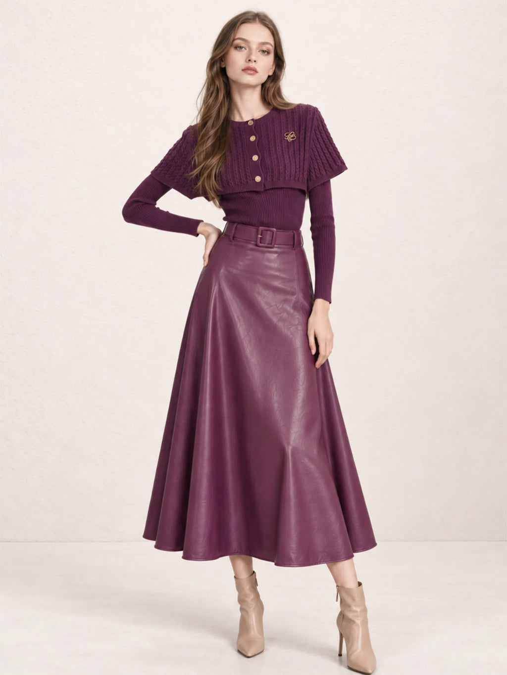 Women's Cape Shawl Knit Sweater and PU Leather Skirt Two-Piece Set – Grape Purple