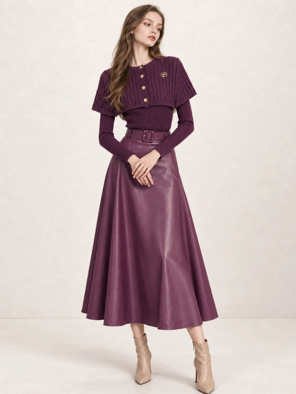 Women's Cape Shawl Knit Sweater and PU Leather Skirt Two-Piece Set – Grape Purple