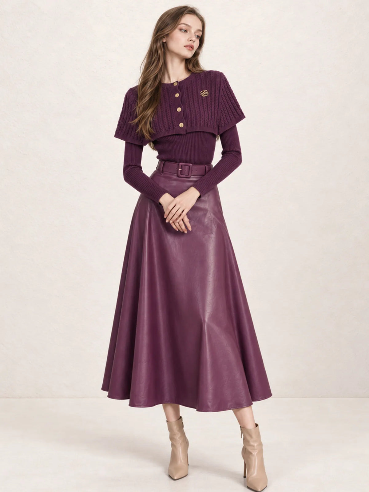 Women's Cape Shawl Knit Sweater and PU Leather Skirt Two-Piece Set – Grape Purple